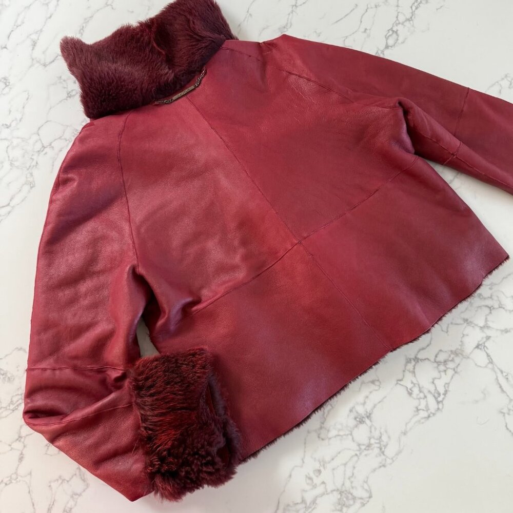 Vintage Via Veneto Genuine Shearling Leather Jacket - Burgundy - Size XL - Picture 3 of 8